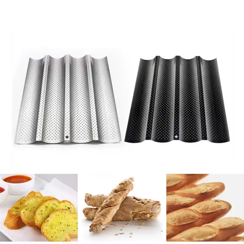 Perforated silver & black wave bread pan – kitchen non-stick tray