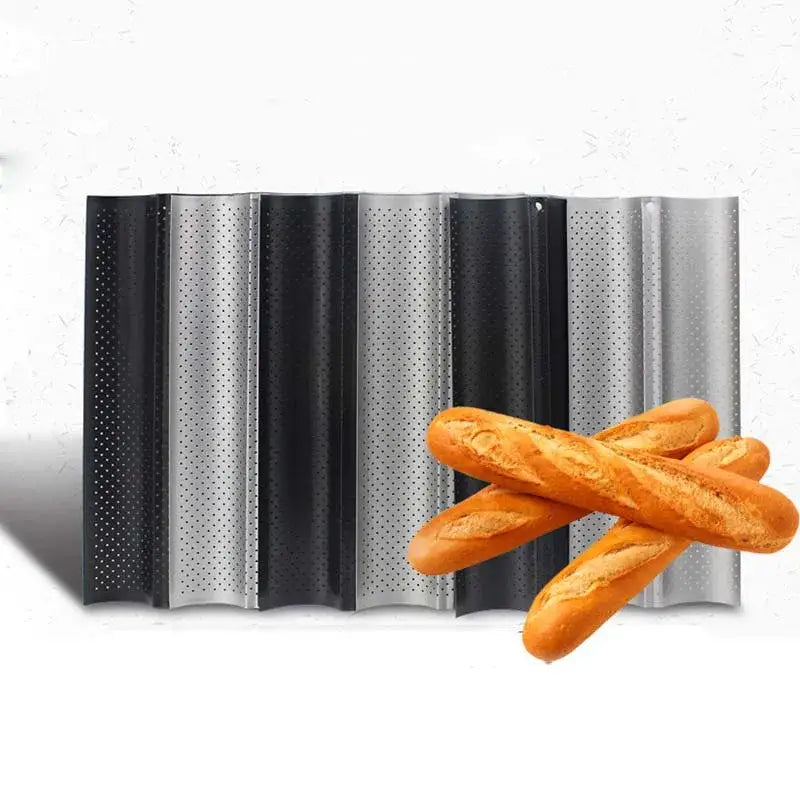 Perforated silver & black wave bread pan – kitchen non-stick tray
