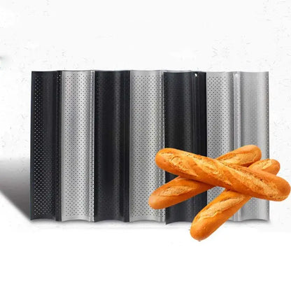 Perforated silver & black wave bread pan – kitchen non-stick tray