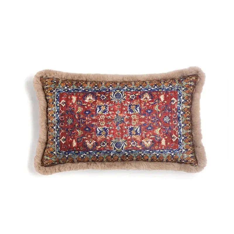 Persian style red & blue bohemian chenille lumbar pillow cover living room