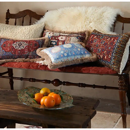 Persian style red & blue bohemian chenille lumbar pillow cover living room