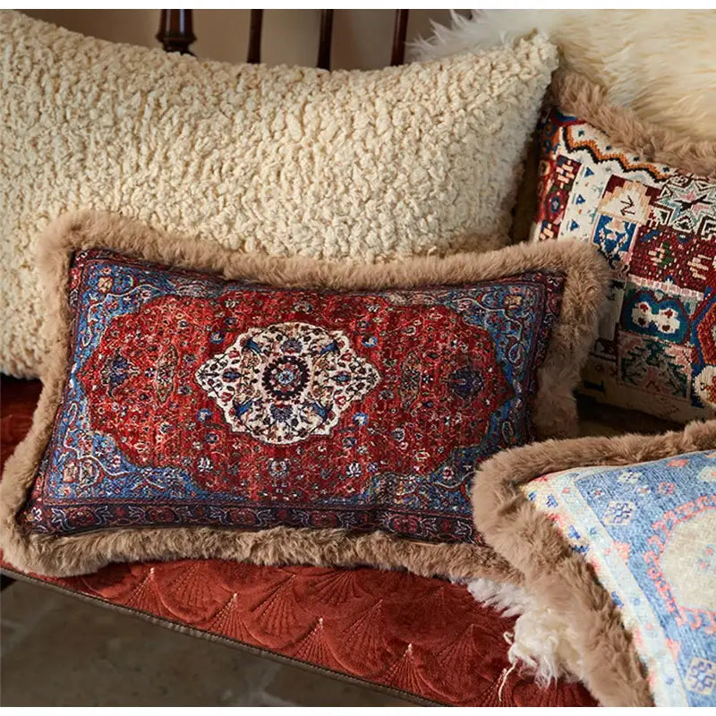 Persian style red & blue bohemian chenille lumbar pillow cover living room