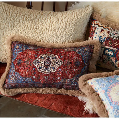 Persian style red & blue bohemian chenille lumbar pillow cover living room