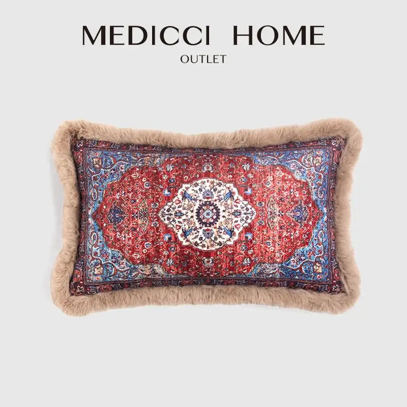 Persian style red & blue bohemian chenille lumbar pillow cover living room