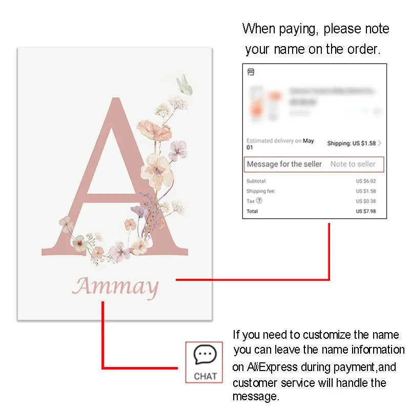 DecorBites™ Personalized Pink Floral Nursery Wall Art