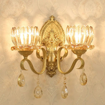DecorBites™ Petal Wall Mount Amber Glass Bedroom Wall Lighting with Crystal Deco - Modern Design in Brass