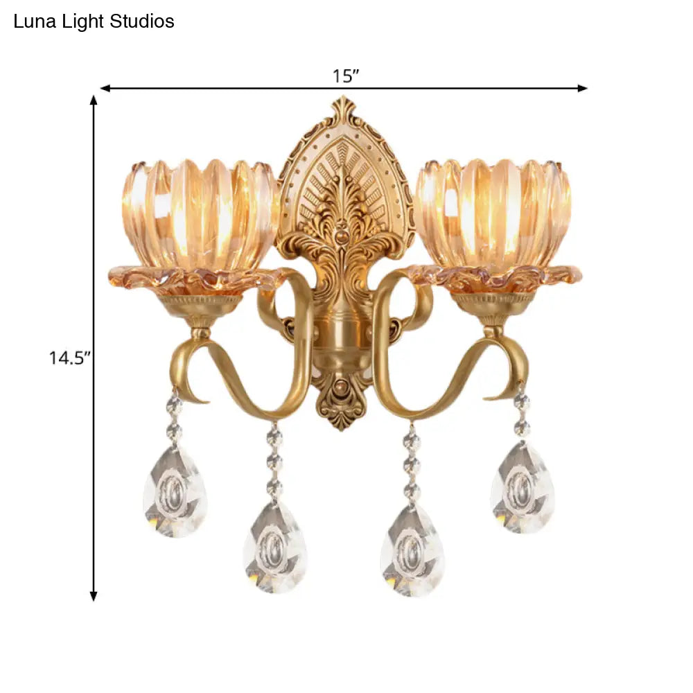 DecorBites™ Petal Wall Mount Amber Glass Bedroom Wall Lighting with Crystal Deco - Modern Design in Brass