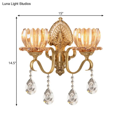 DecorBites™ Petal Wall Mount Amber Glass Bedroom Wall Lighting with Crystal Deco - Modern Design in Brass