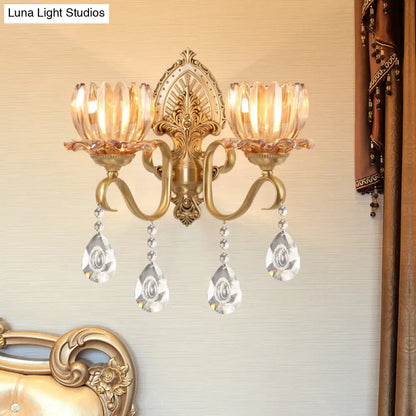 DecorBites™ Petal Wall Mount Amber Glass Bedroom Wall Lighting with Crystal Deco - Modern Design in Brass