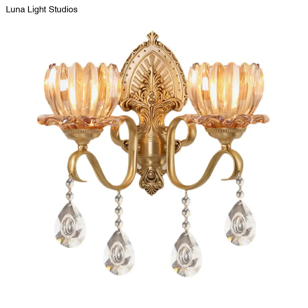 DecorBites™ Petal Wall Mount Amber Glass Bedroom Wall Lighting with Crystal Deco - Modern Design in Brass
