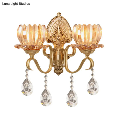 DecorBites™ Petal Wall Mount Amber Glass Bedroom Wall Lighting with Crystal Deco - Modern Design in Brass