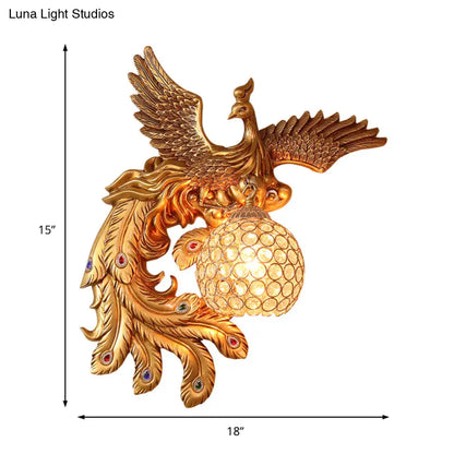 DecorBites™ Phoenix Sconce Lighting Resin Wall Lamp with Crystal Dome Shade - Lodge Style, Gold Finish
