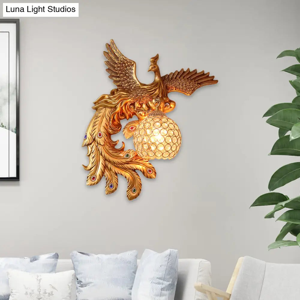 DecorBites™ Phoenix Sconce Lighting Resin Wall Lamp with Crystal Dome Shade - Lodge Style, Gold Finish
