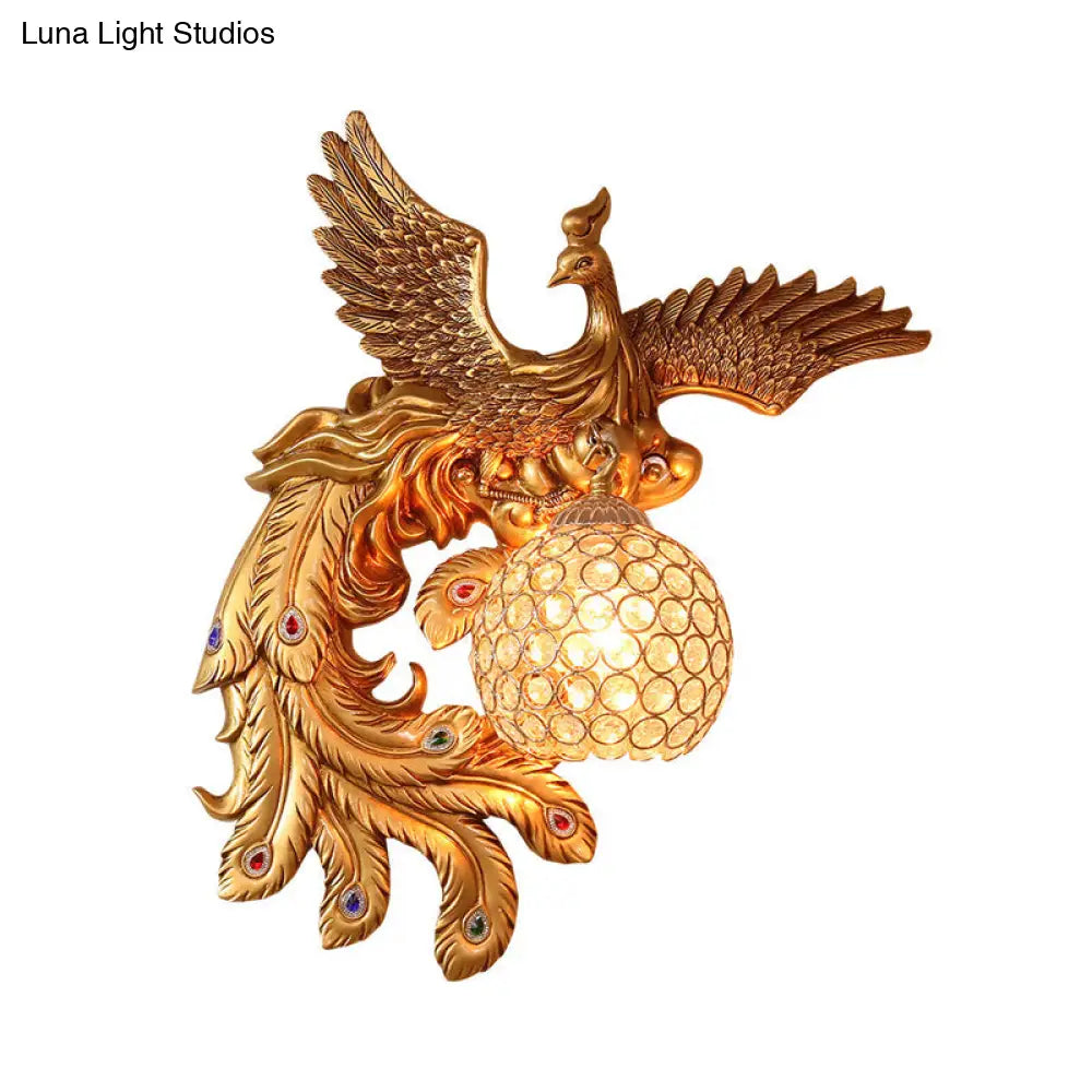 DecorBites™ Phoenix Sconce Lighting Resin Wall Lamp with Crystal Dome Shade - Lodge Style, Gold Finish