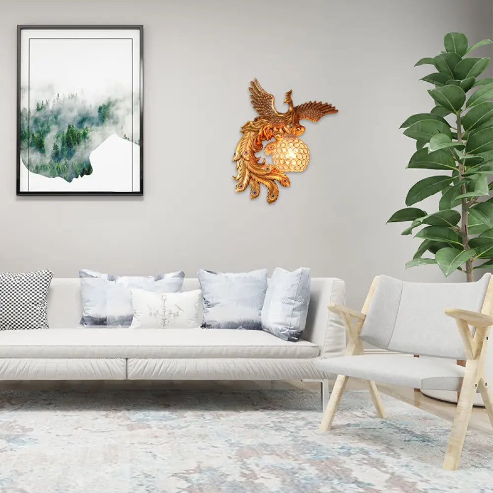 DecorBites™ Phoenix Sconce Lighting Resin Wall Lamp with Crystal Dome Shade - Lodge Style, Gold Finish