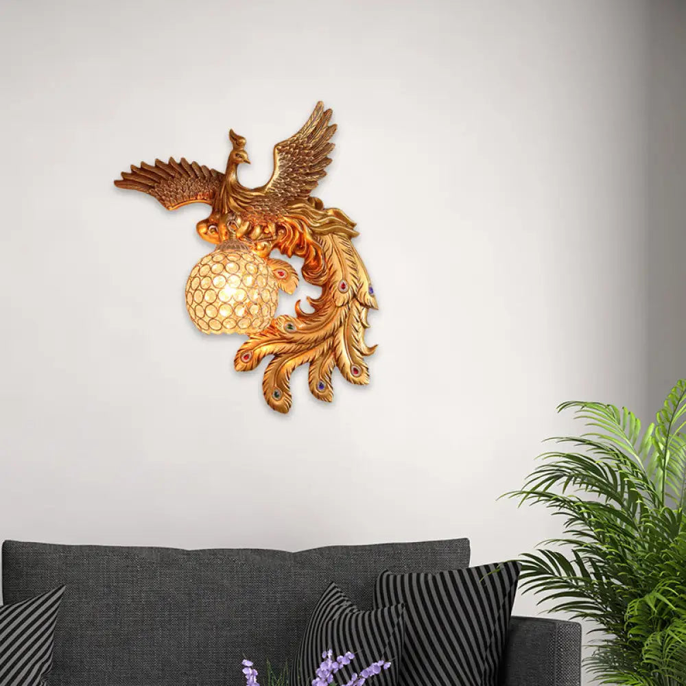 DecorBites™ Phoenix Sconce Lighting Resin Wall Lamp with Crystal Dome Shade - Lodge Style, Gold Finish