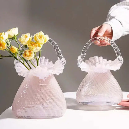 Pink and clear crystal flower basket living room glass vase