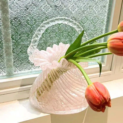 Pink and clear crystal flower basket living room glass vase