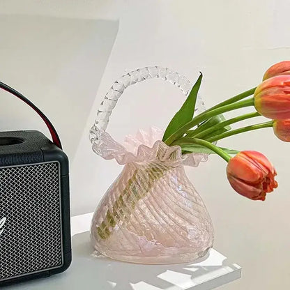 Pink and clear crystal flower basket living room glass vase
