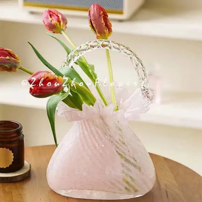 Pink and clear crystal flower basket living room glass vase