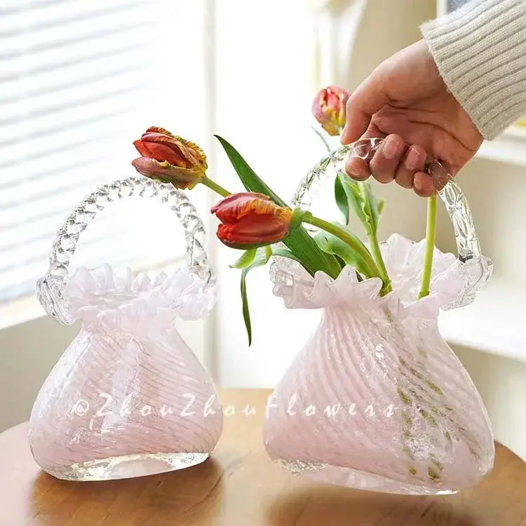 Pink and clear crystal flower basket living room glass vase