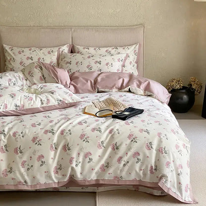 Pink and cream floral egyptian cotton print bedding set bedroom