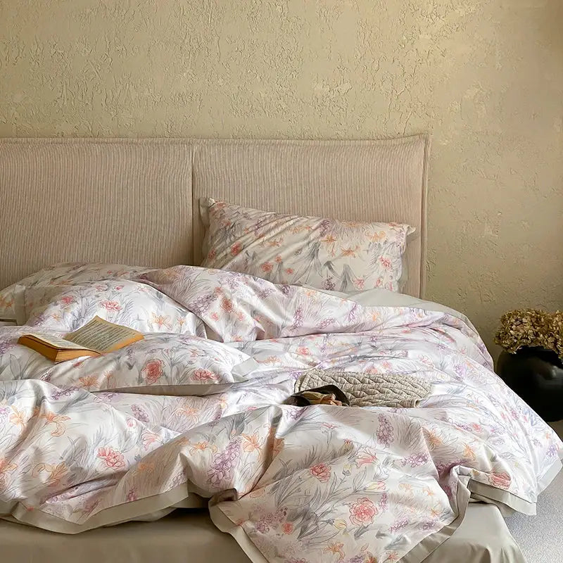 Pink and cream floral egyptian cotton print bedding set bedroom