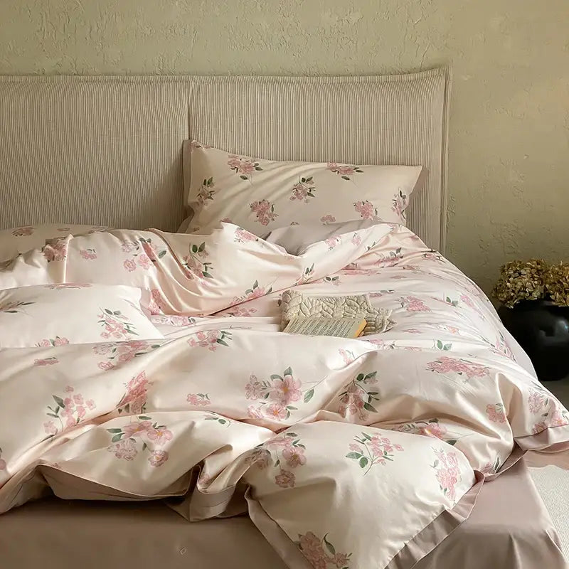 Pink and cream floral egyptian cotton print bedding set bedroom