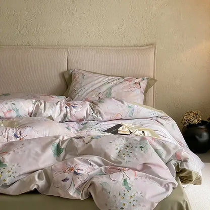 Pink and cream floral egyptian cotton print bedding set bedroom