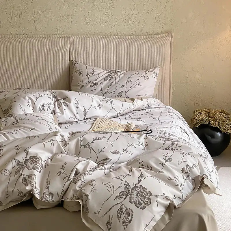 Pink and cream floral egyptian cotton print bedding set bedroom