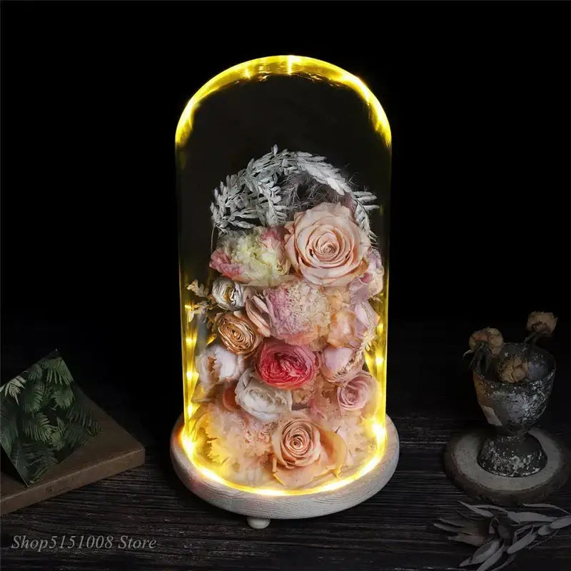 Pink and gold dry flower ornaments glass dome bedroom night light