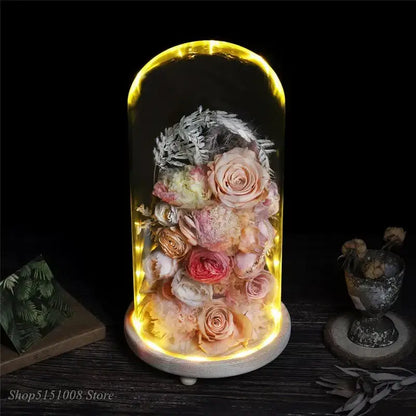 Pink and gold dry flower ornaments glass dome bedroom night light