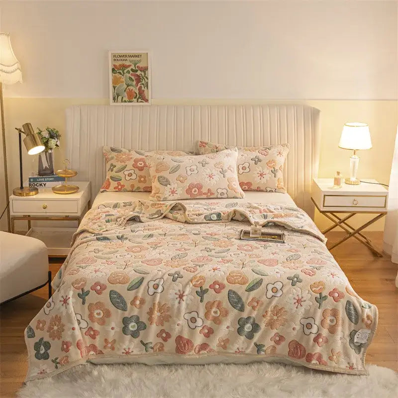 Pink and gray bunny double sided plaid fleece blanket bedroom softness