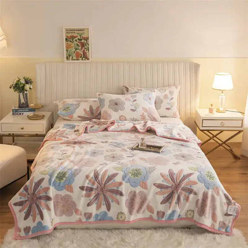 Pink and gray bunny double sided plaid fleece blanket bedroom softness