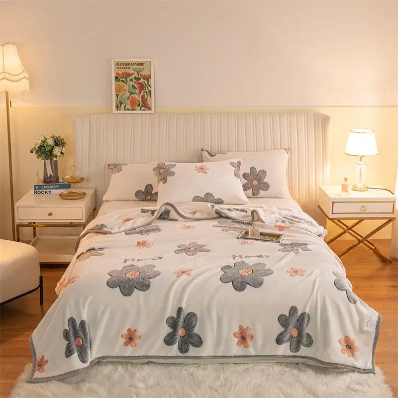 Pink and gray bunny double sided plaid fleece blanket bedroom softness