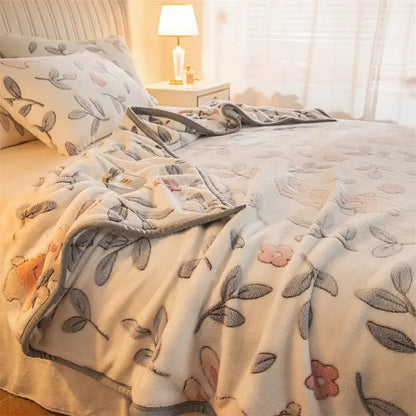 Pink and gray bunny double sided plaid fleece blanket bedroom softness