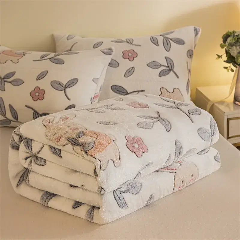 Pink and gray bunny double sided plaid fleece blanket bedroom softness