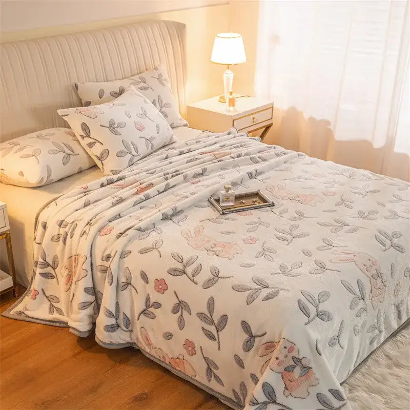 Pink and gray bunny double sided plaid fleece blanket bedroom softness