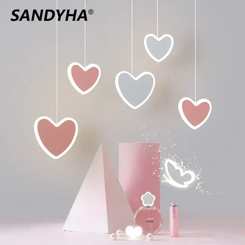 Pink and gray heart blossom butterfly led chandelier bedroom light