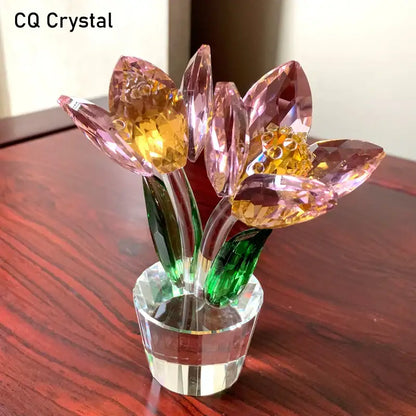 Pink and green crystal tulip lily flower sculpture living room decor