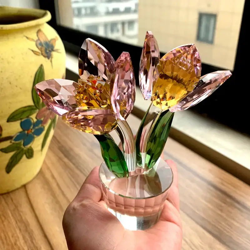 Pink and green crystal tulip lily flower sculpture living room decor