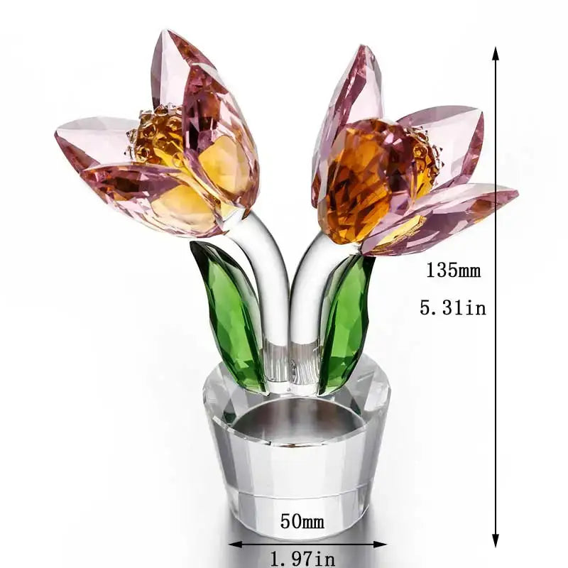 Pink and green crystal tulip lily flower sculpture living room decor