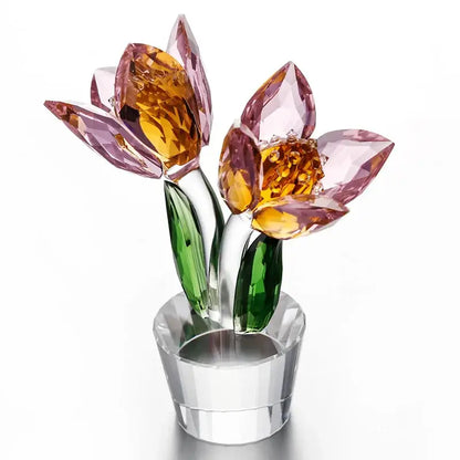 Pink and green crystal tulip lily flower sculpture living room decor