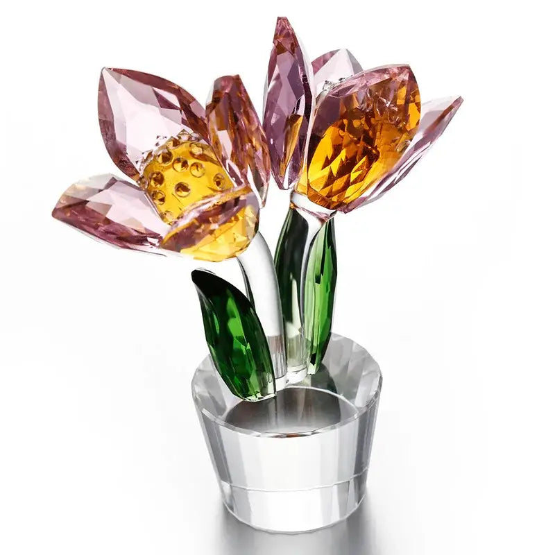 Pink and green crystal tulip lily flower sculpture living room decor