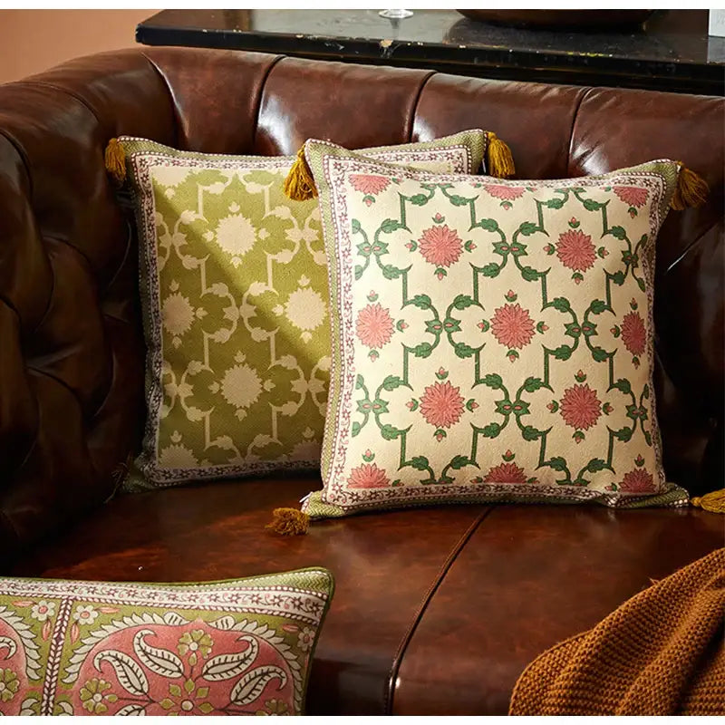Pink and green datura flowers print cushion cover living room decor