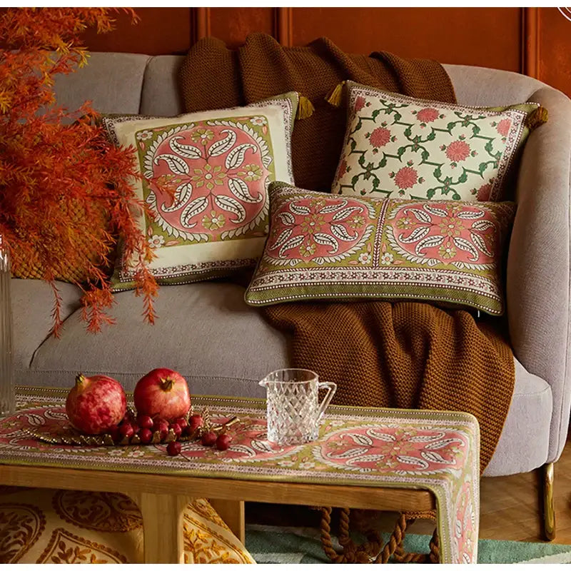 Pink and green datura flowers print cushion cover living room decor