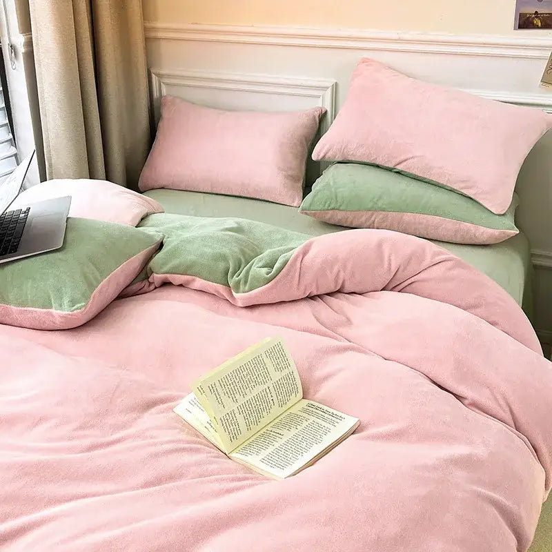 Pink and green milk velvet bedding sets bedroom winter comforter