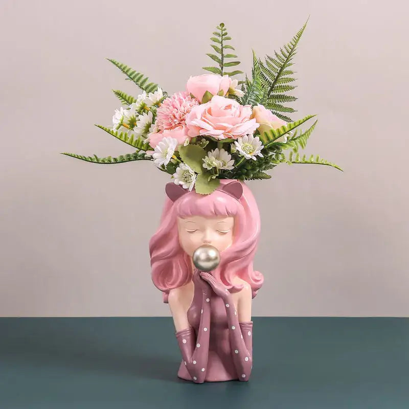 Pink and purple bubble gum girl flower vase living room resin decor