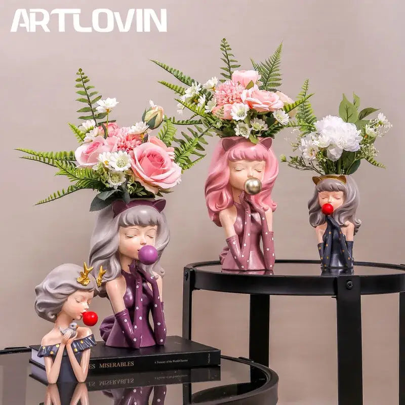 Pink and purple bubble gum girl flower vase living room resin decor