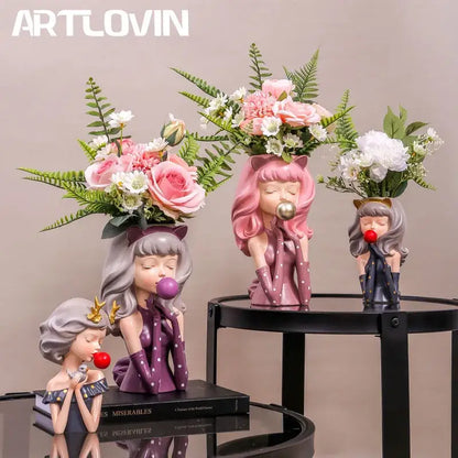 Pink and purple bubble gum girl flower vase living room resin decor